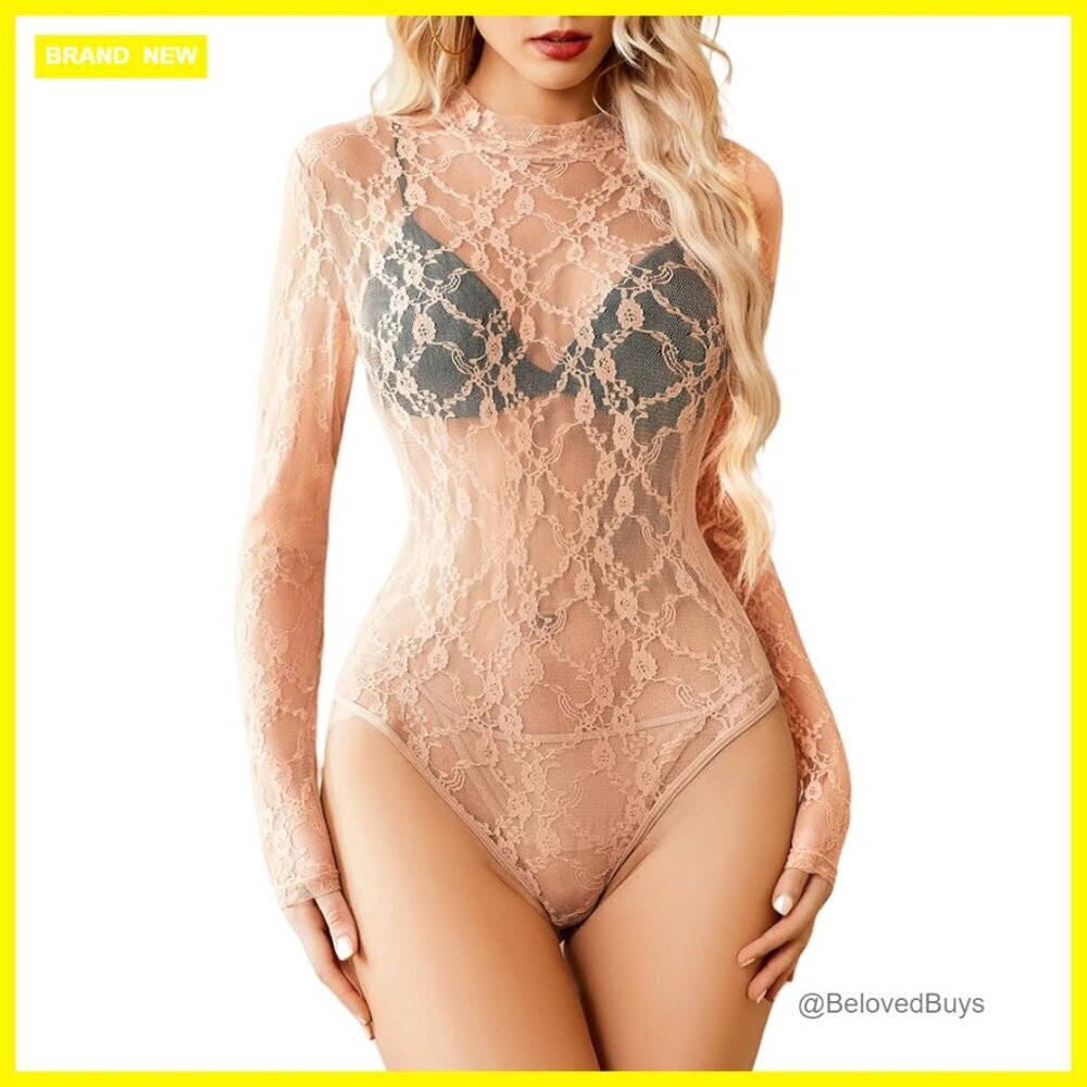 Long Sleeve Lace Bodysuit Sheer Mesh Snap Closure Going Out Top